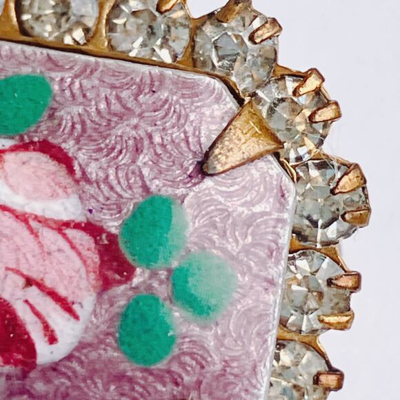 VTG 50s Reverse Painted Glass Rose Brooch Rhinestones Gold Tone Pin Mid Century - Picture 3 of 10